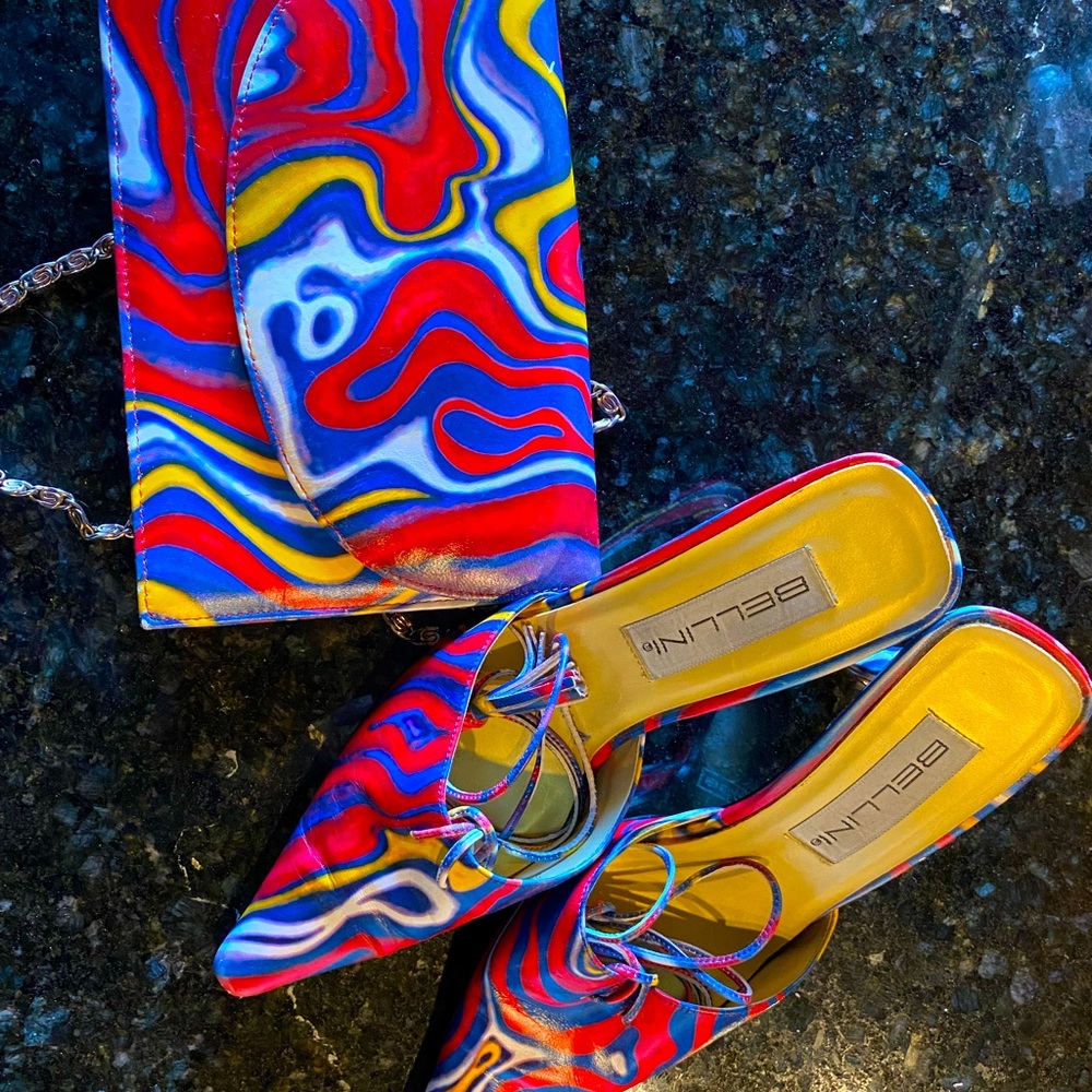 Multi Colored Bellini heels and purse